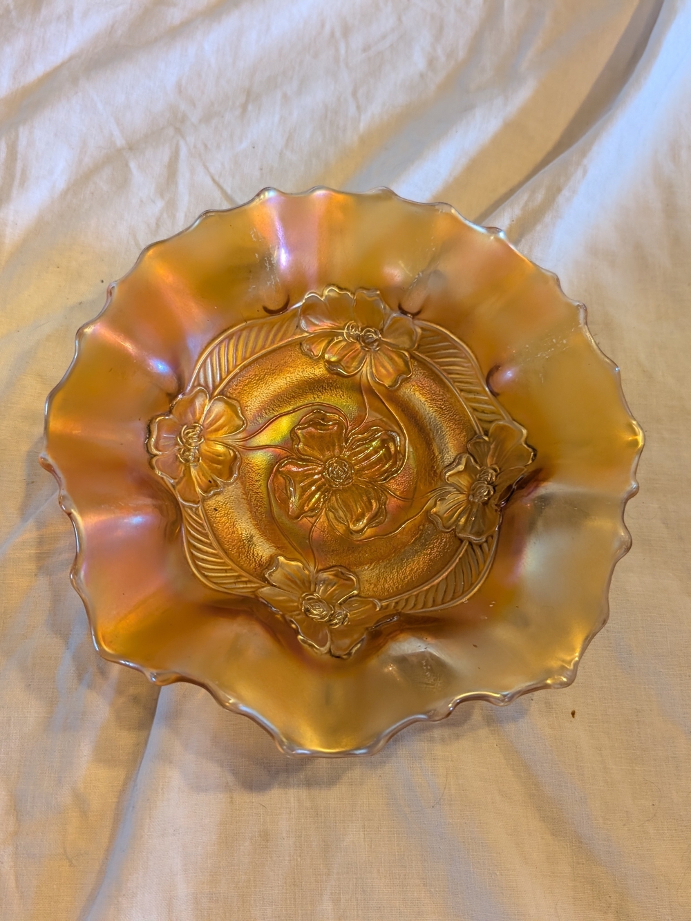 2/60$ Vintage Iridescent Orange Floral Carnival Glass Bowl